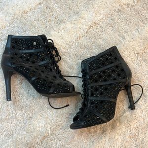 Lace up heel open toe studded sandal side and leather stiletto